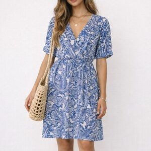 Michael Kors Blue White Paisley Wrap Dress XL Feminine Spring Boho Coastal Midi